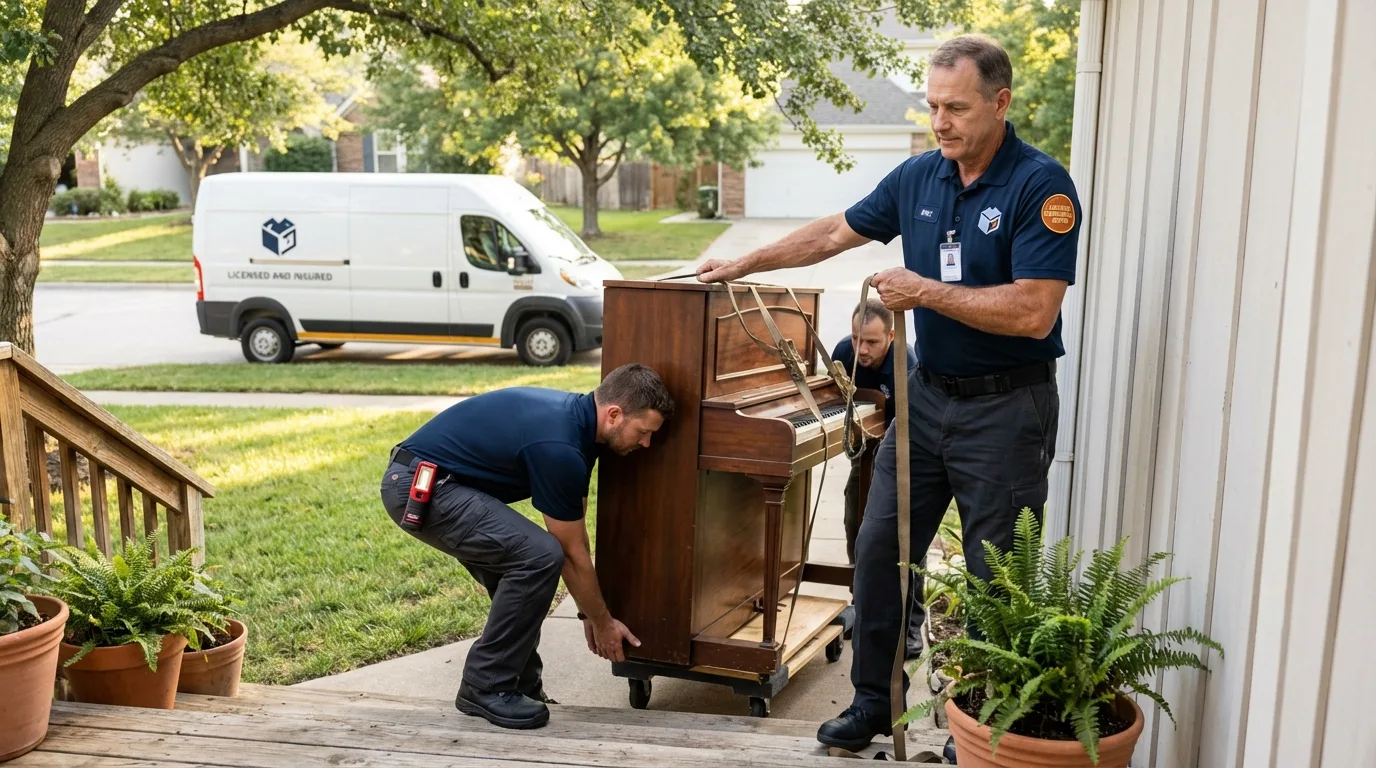 Licensed piano movers securing grand piano in Johnston City, IL