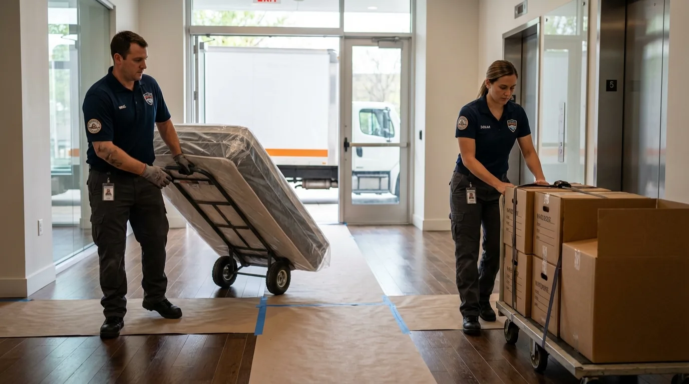 Professional apartment movers loading elevator in Johnston City, IL