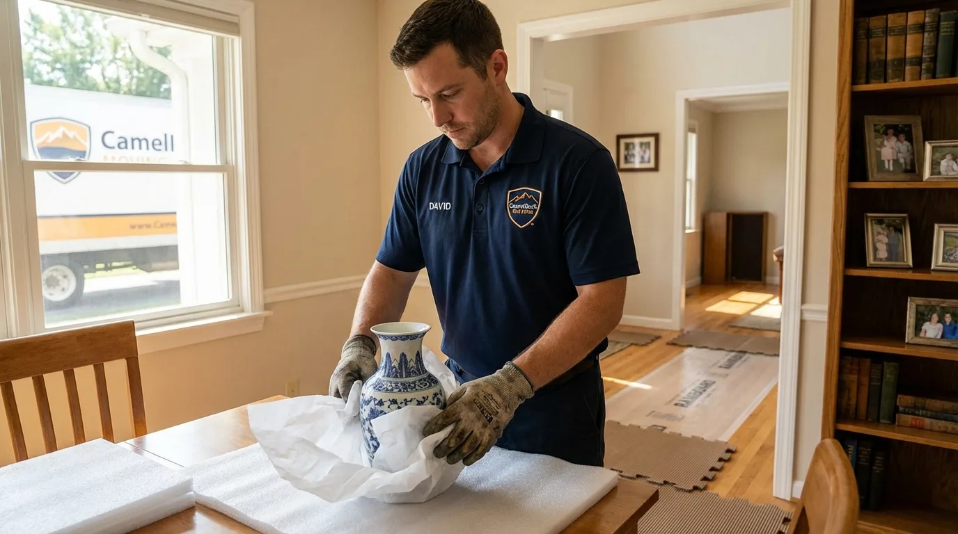 Professional crew carefully wrapping antique vase for senior downsizing move in Johnston City, IL